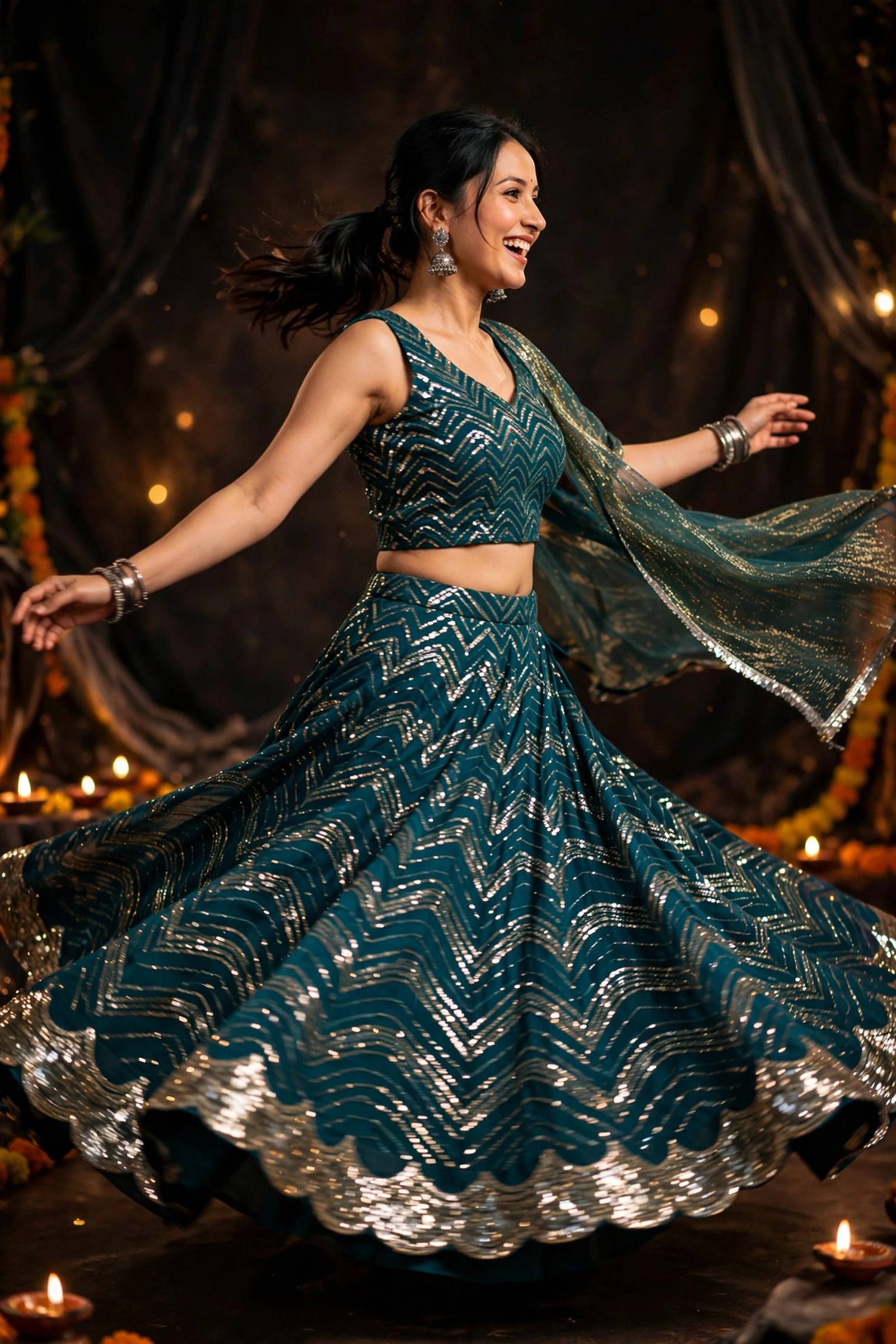 Woman twirling in a teal sequin Navratri lehenga under festive lights